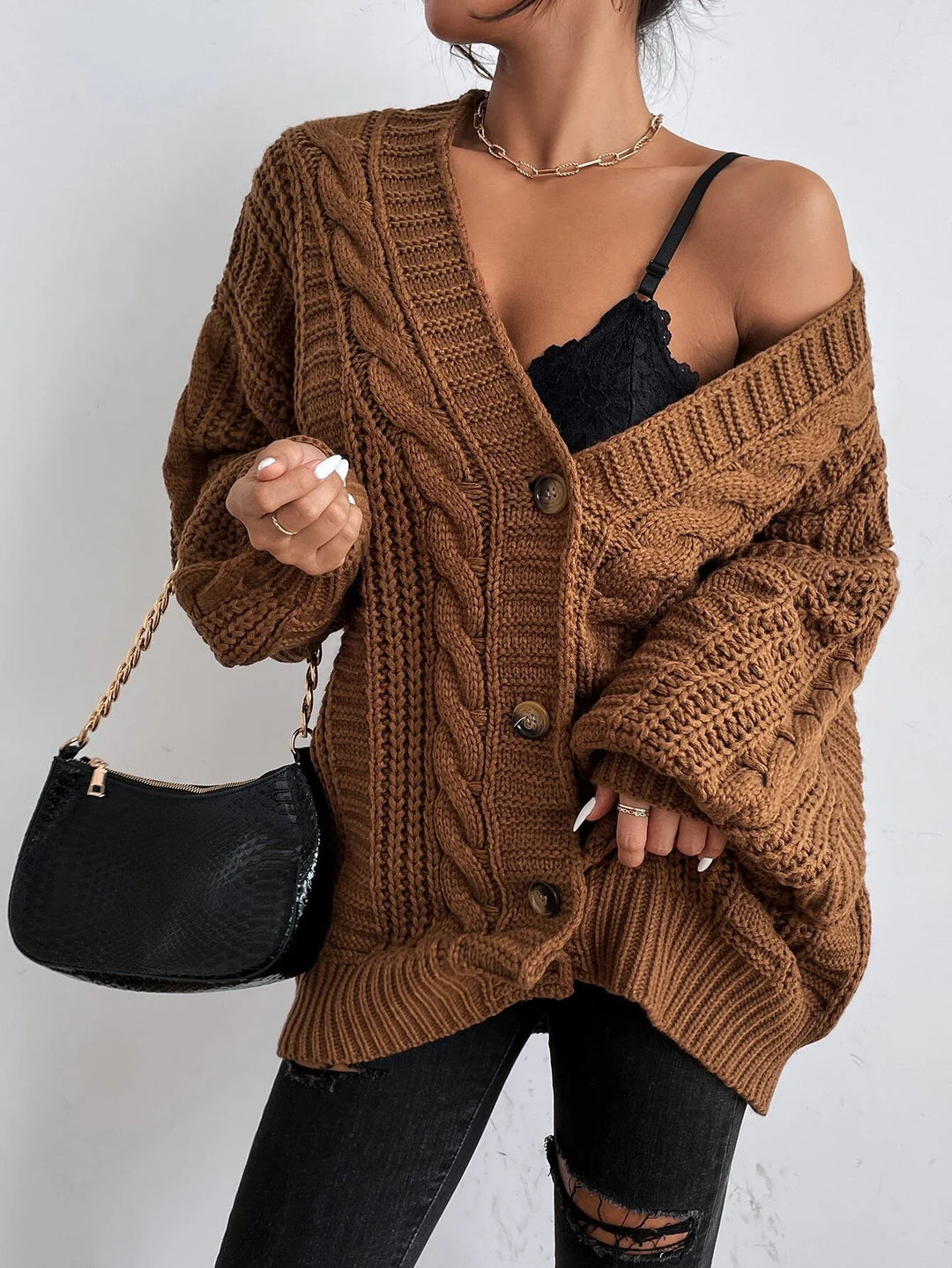 Rhonda - Hearthside Cable Knit Slouch Cardigan