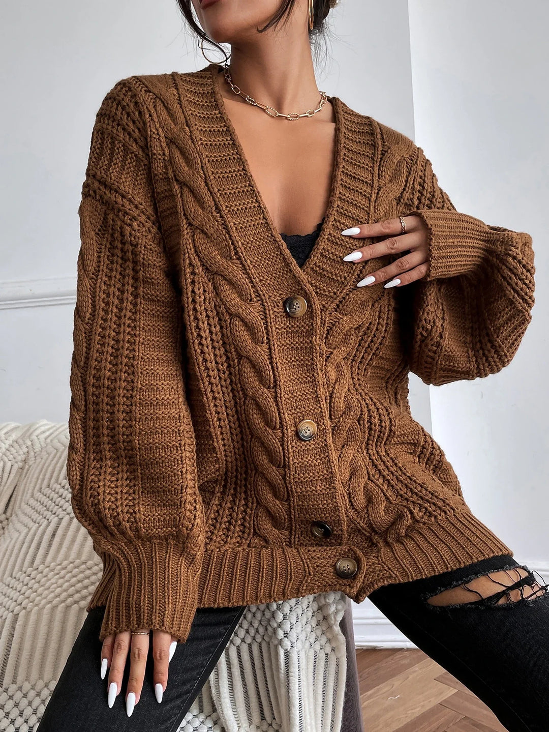 Rhonda - Hearthside Cable Knit Slouch Cardigan