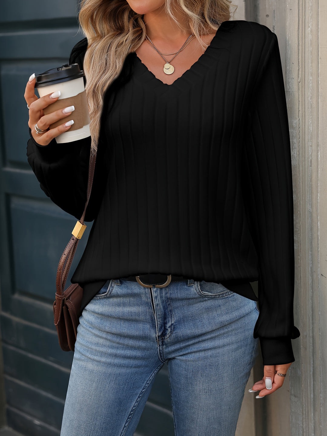 Sally - Stylish Ribbed V-Neck Long Sleeve