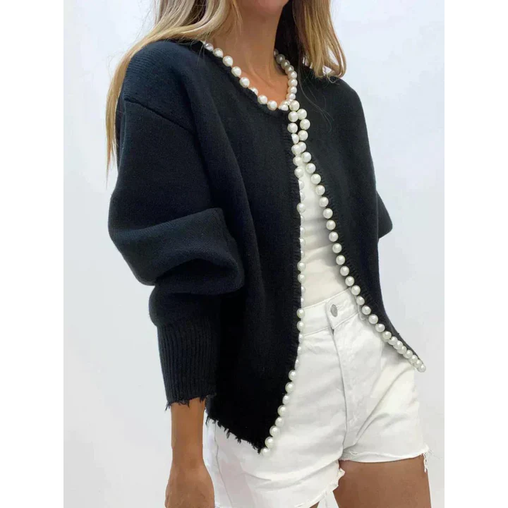 Pearl Trim Ripped Hem Cardigan